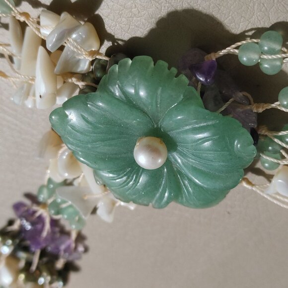 Vintage Floral Flower Necklace Gemstone MOP Shell Aventurine Pearl Amethyst - Picture 13 of 16